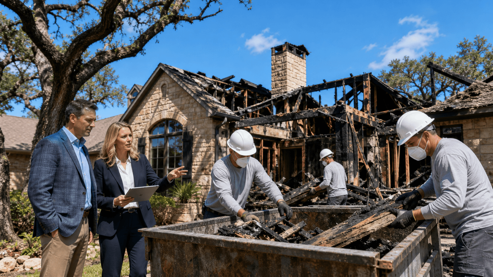 Smoldering Texas home ruins with scattered debris beneath a smoky orange sky.