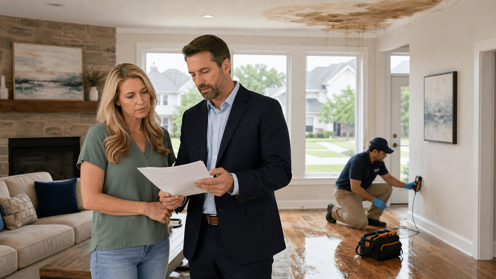 Dimly lit flooded hallway with a burst pipe spraying water, scattered papers, and a clipboard in the foreground