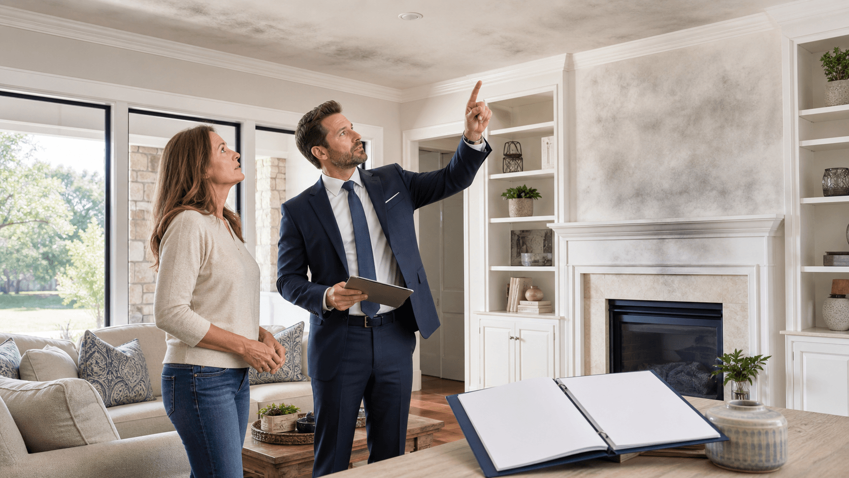 Charred Texas home interior with gray smoke haze, fire claim papers, and a glowing orange sunset through a window