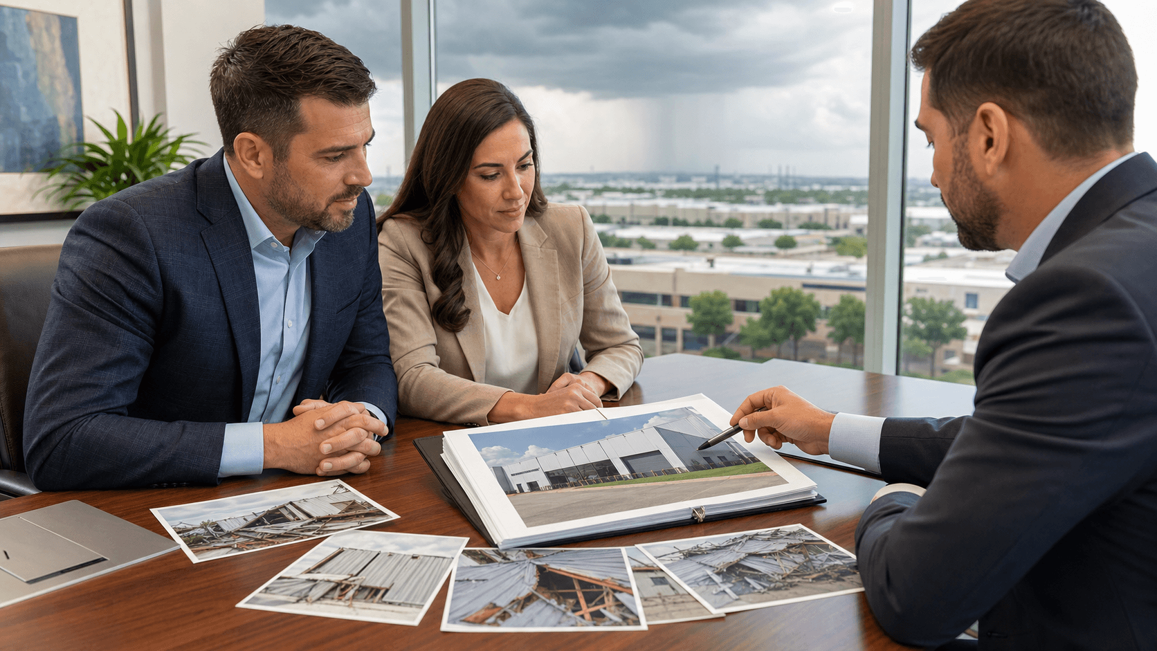 Open insurance policy beside a laptop and coffee on a desk, with storm clouds visible through a window in soft light