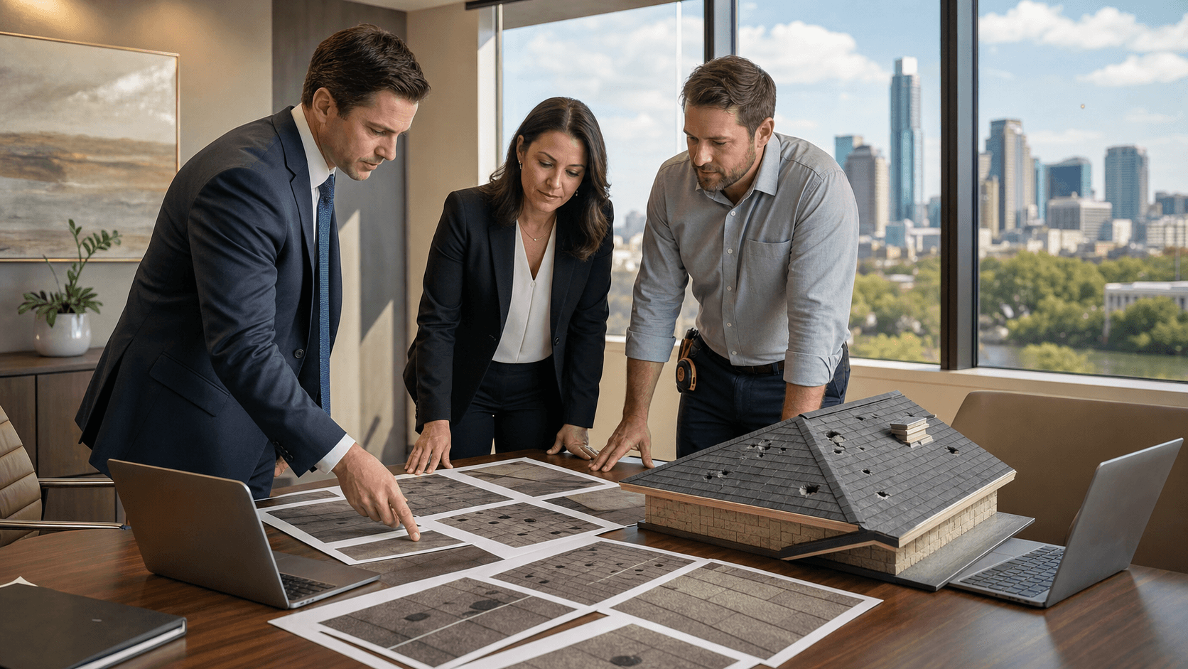 Three professionals in suits review paperwork at a conference table, with a Texas outline icon on a blue backdrop.