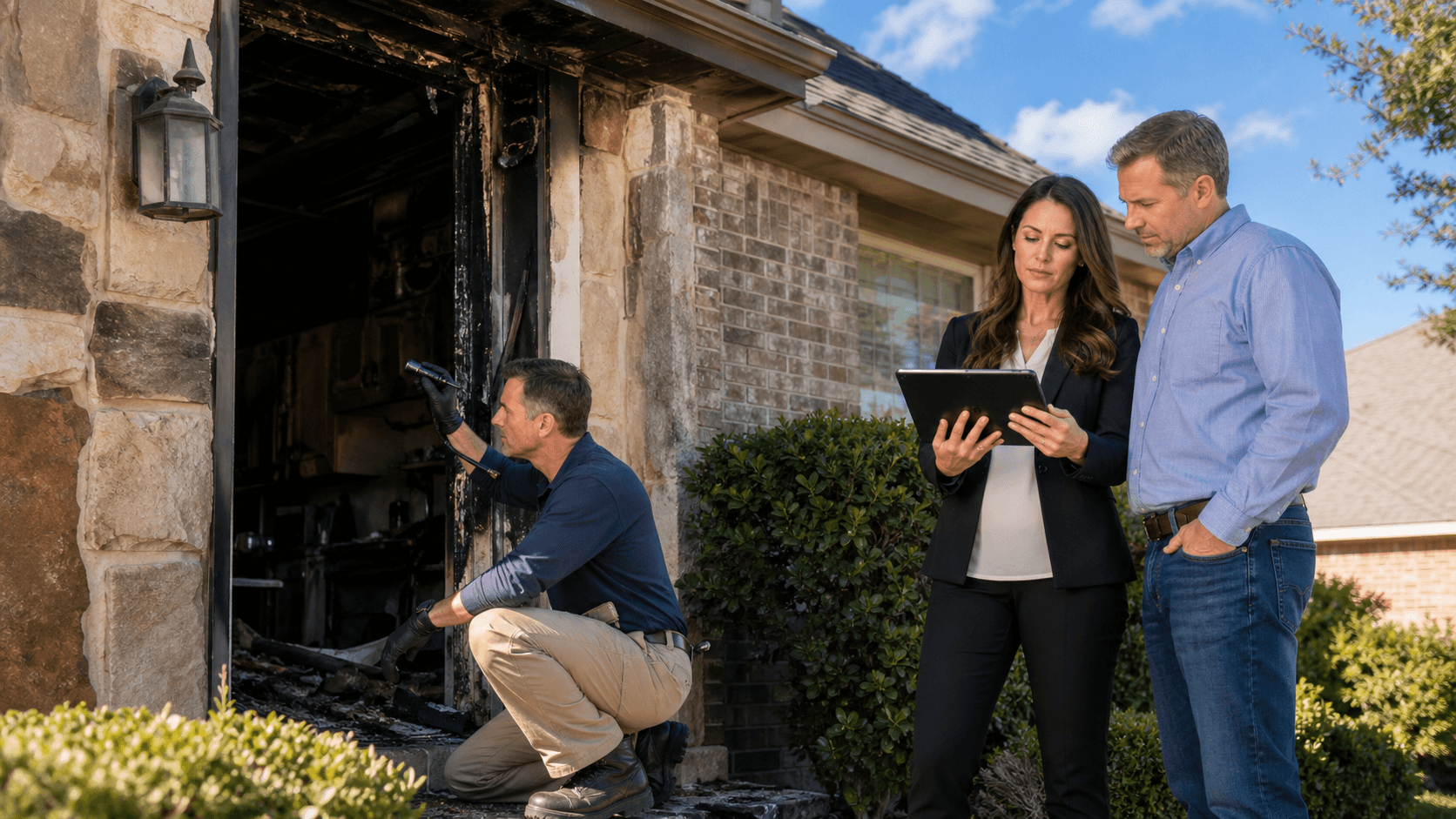 Fire investigator examines charred debris in a dark room, illuminated by a bright flashlight beam.
