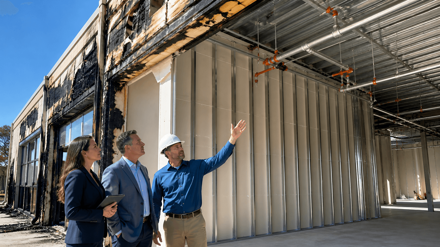 Split view of a burned commercial building and blue construction plans under a Texas flag backdrop.